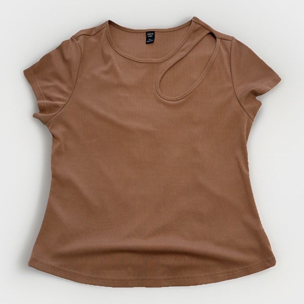 Shein Women's Short Sleeve Ribbed Top Brown Plus Size 2X Cut-Out Streetwear Chic